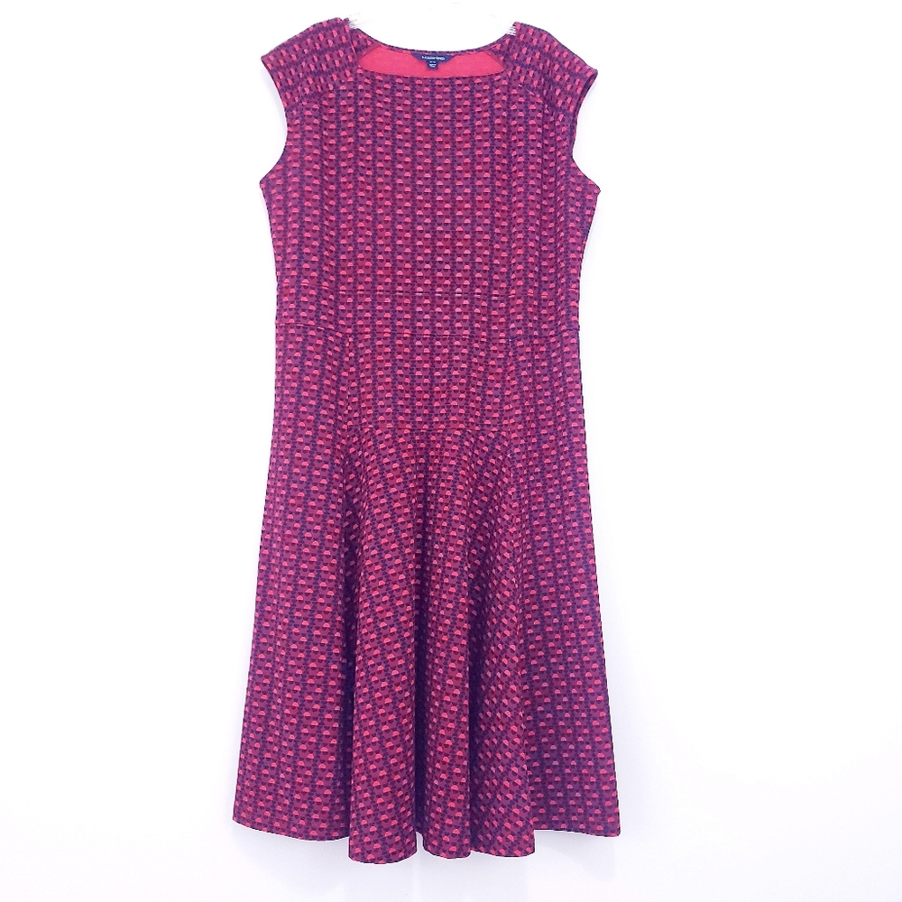 Lands End Red Geo Print Fit & Flare Ponte Knit Dress Size Large 14 Scarlett Arc